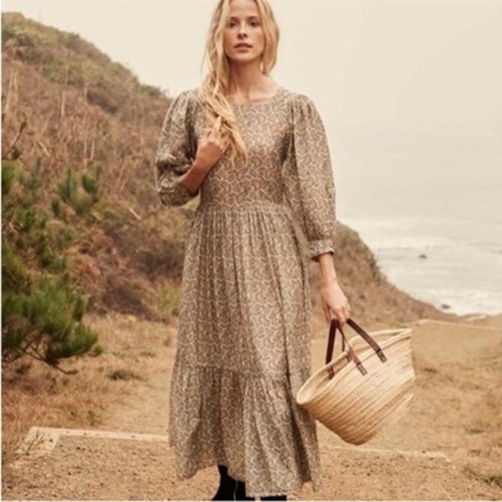 Doen Womens Tisbury Paisley Midi Dress Size M Organic Cotton Puff Sleeve